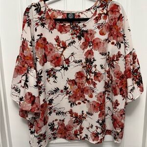 Bobeau Top Sheer Red Short Sleeve Blouse Floral Print V-Neck XLarge (24-25)